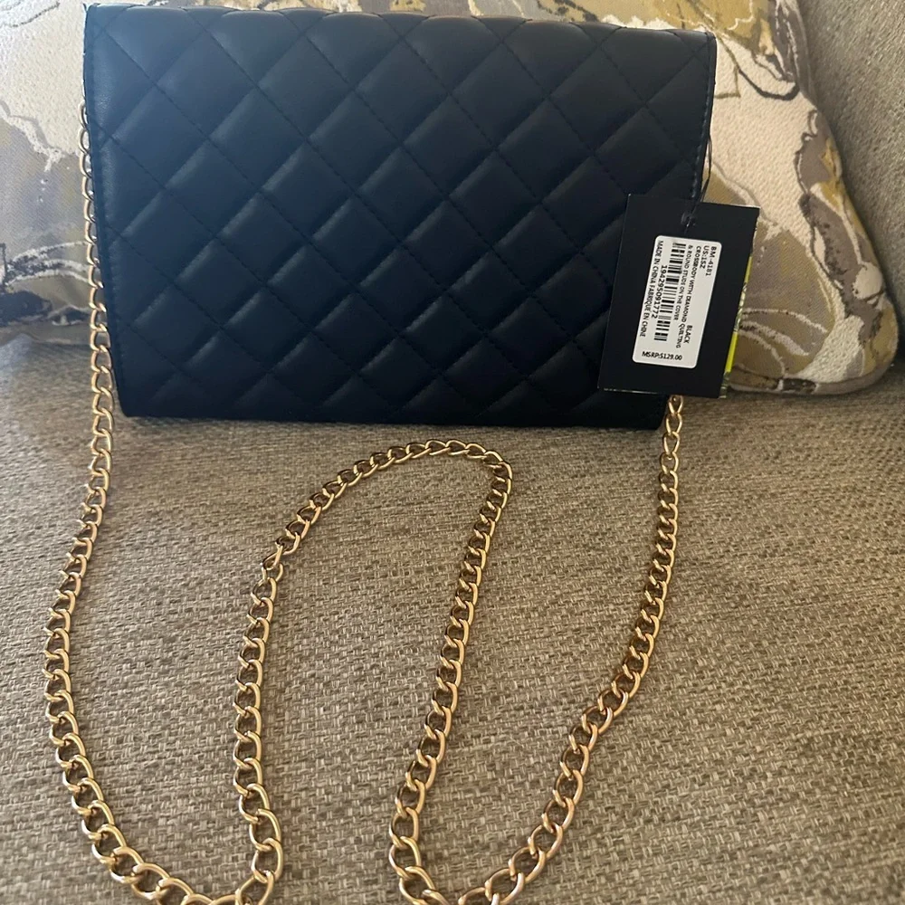 Badgley Mischka Black Diamond Quilted Convertible Crossbody Wallet Built-In NWT